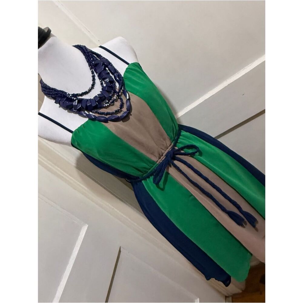 YA Los Angeles Medium Colorblock Spaghetti-Strap Mini Dress in Green, Navy & Tan
